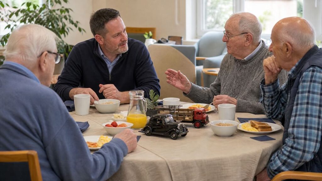Elderly men sharing breakfast and conversation with a guest speaker at a small table in an aged-care setting, with model cars and trucks as decorations.