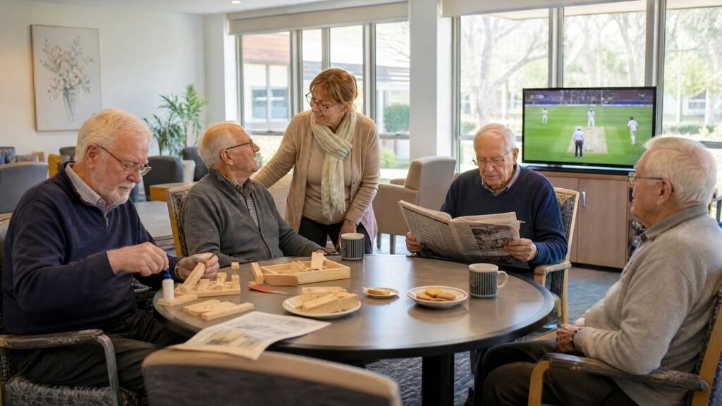 Small group of elderly men taking part in a welcoming Men’s Club activity in aged care with newspapers, refreshments, sport on television, and a hands-on project.