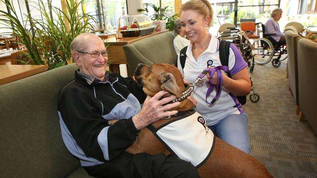 aged care coordinator holding senior's dog for pet therapy