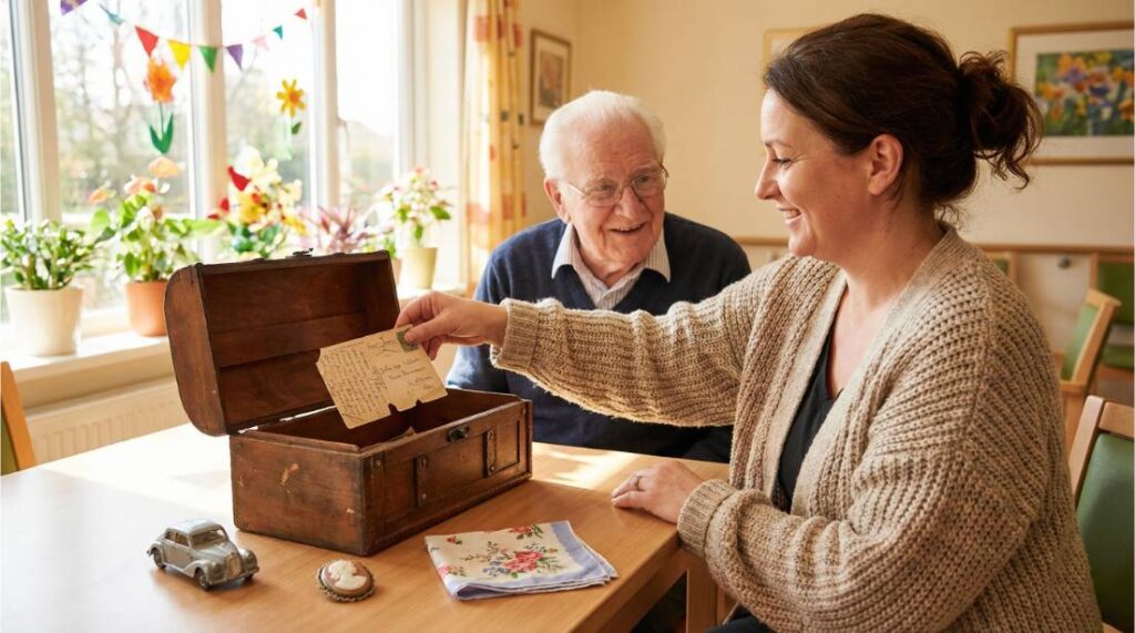 Activity coordinator and senior resident exploring a vintage memory box together at a care home