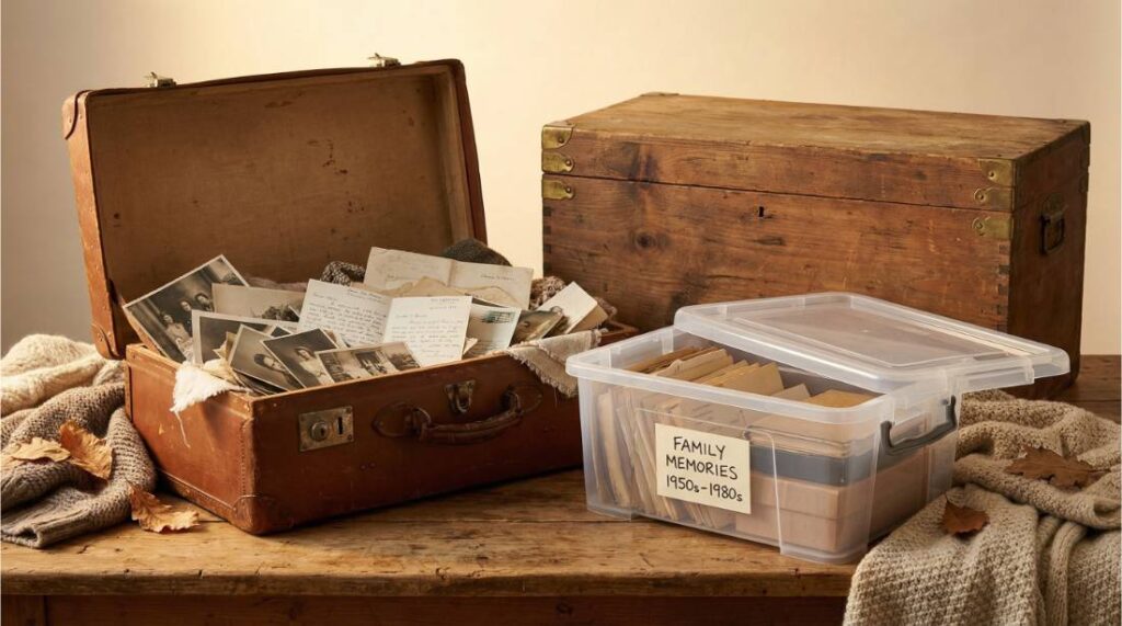 Vintage suitcase, wooden trunk, and labelled plastic storage container as memory box options for seniors
