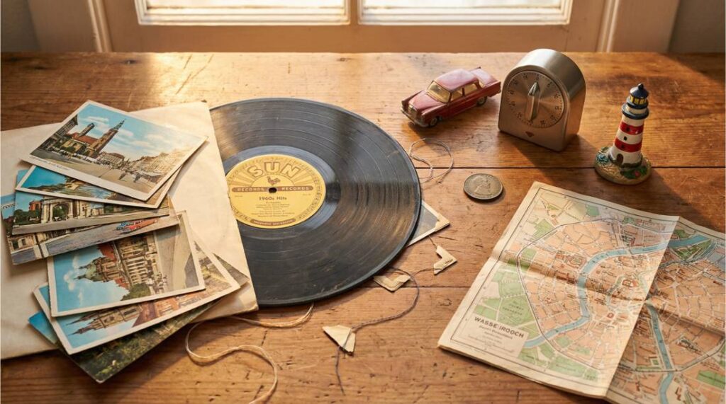 A mixed memory box spread of vinyl records, old postcards, vintage toys, and memorabilia on a wooden table
