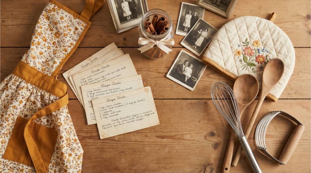 Flat lay of vintage kitchen items, recipe cards, and old photographs for a memory box activity