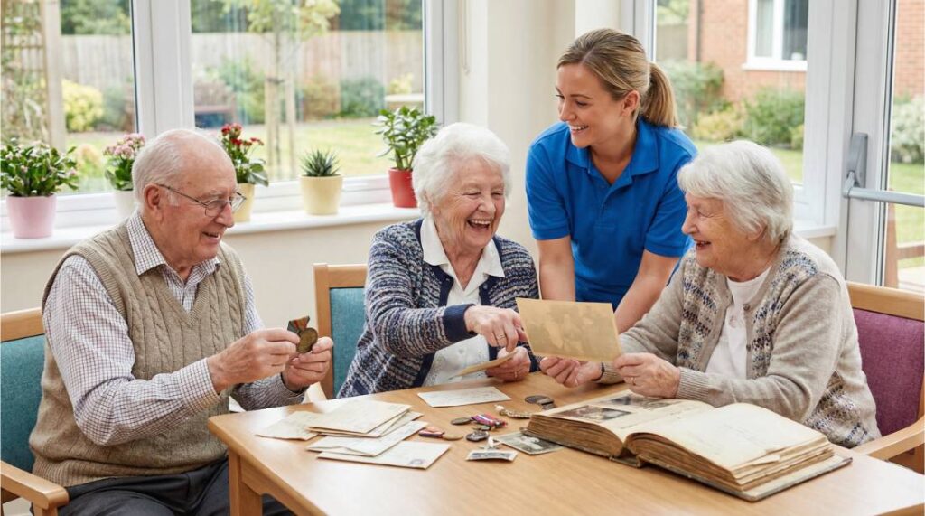 Group of elderly residents and a care worker laughing and sharing memories around a memory box at a care home