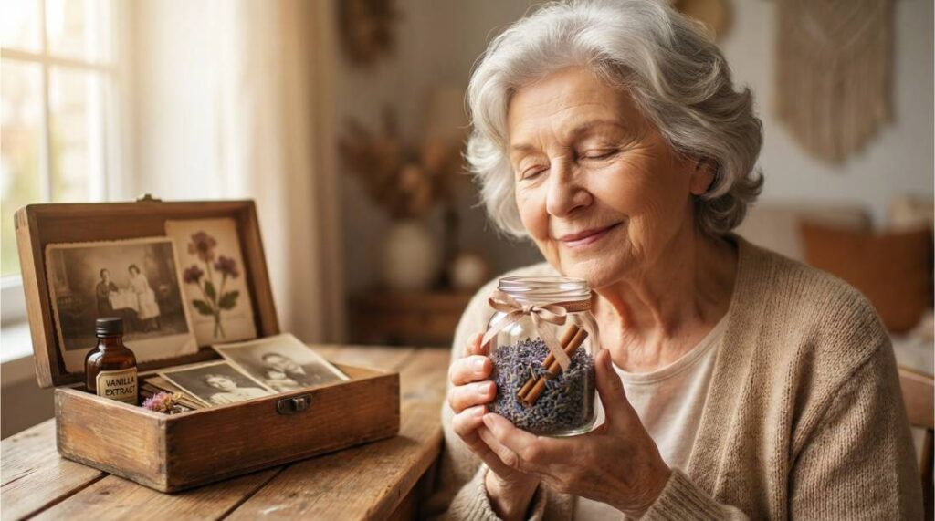 Senior woman smelling a jar of lavender and cinnamon as part of a memory box activity