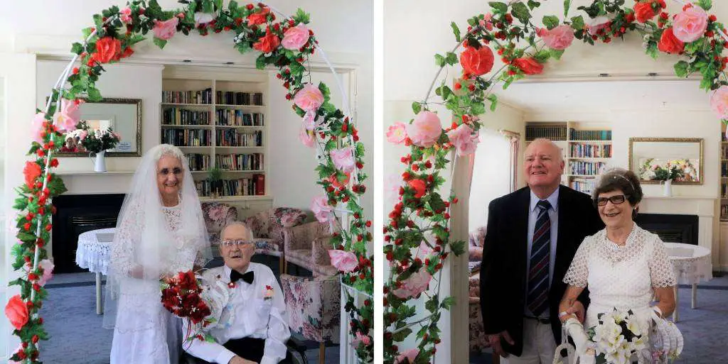two elderly couple dressed in wedding attire