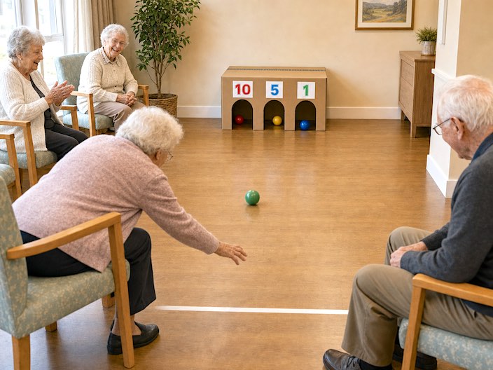seniors bowling balls into a cardboard home made goal