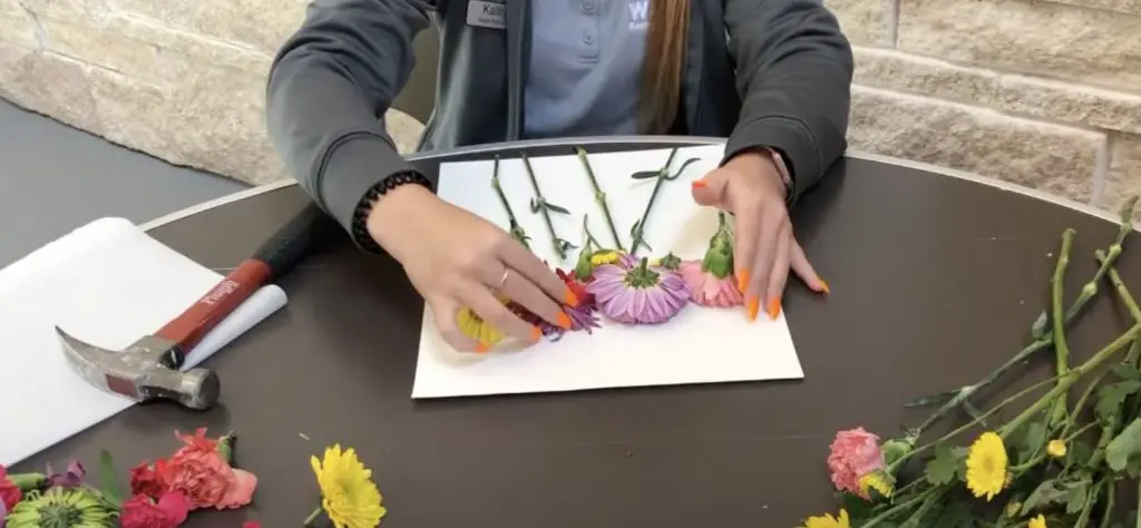 person arranging the flowers on the watercolor paper