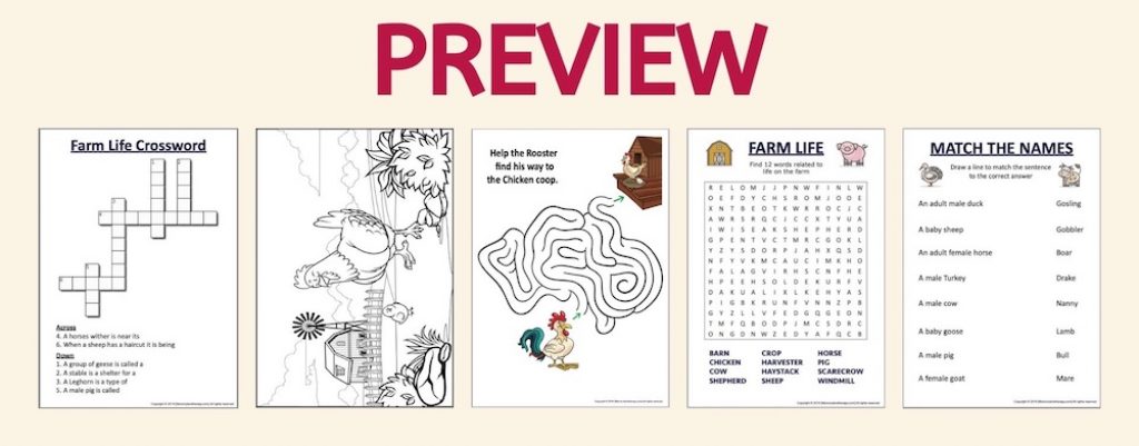 Farm Life printable activity book for seniors with sample farm-themed puzzle pages
