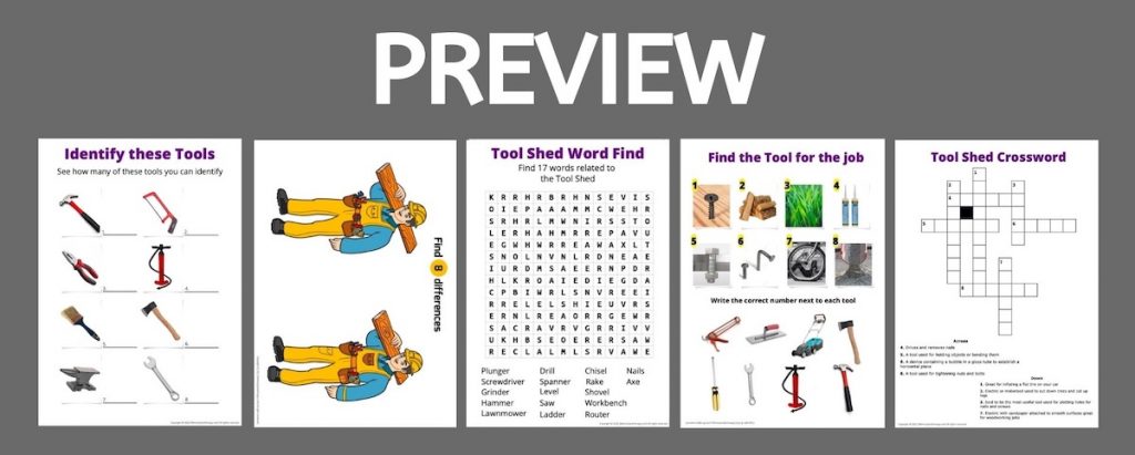 Tool Shed printable quiz and trivia activity pages for aged care