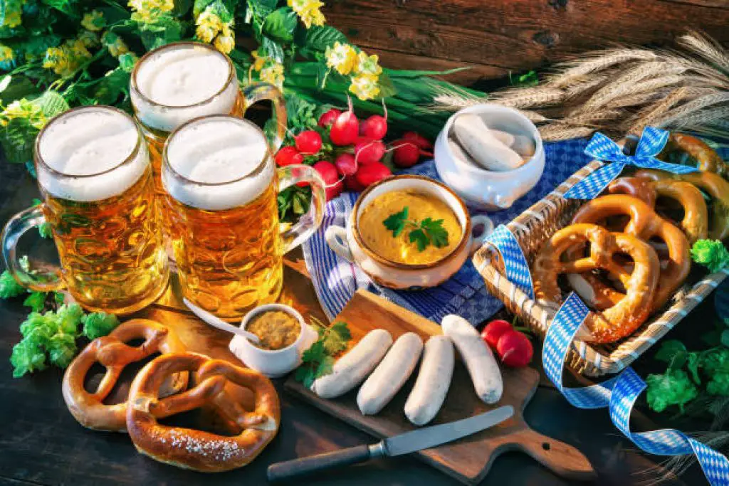 an image filled with German food for Oktoberfest theme day
