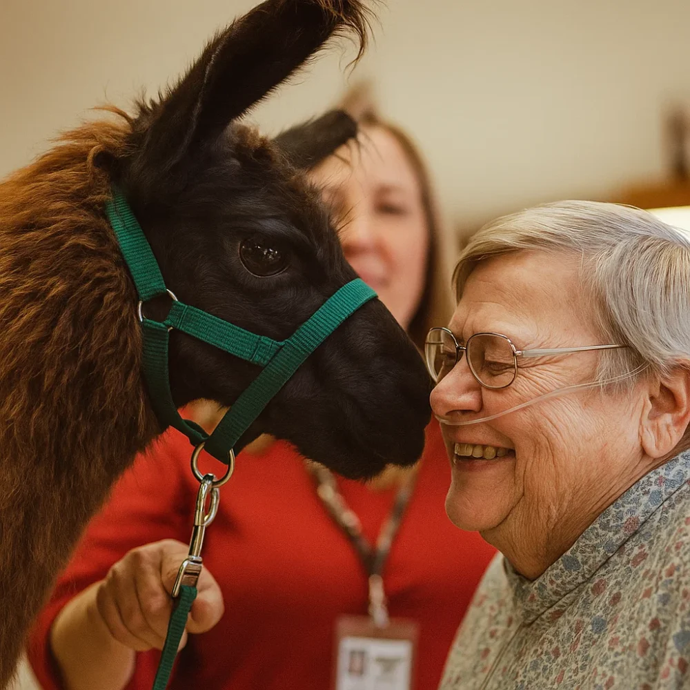 Llama Nuzzling Elderly Woman