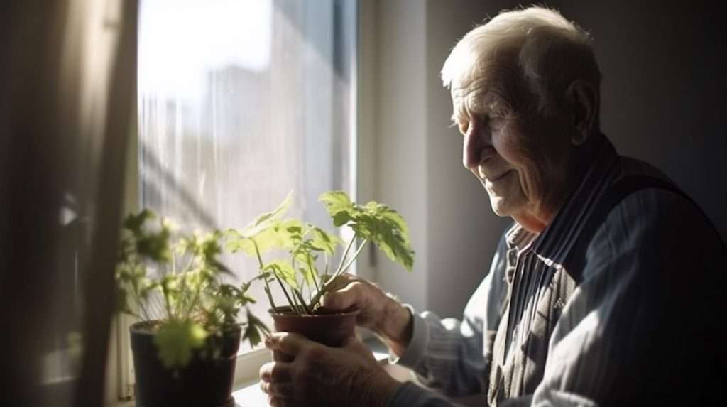 Elderly man taking care of plants