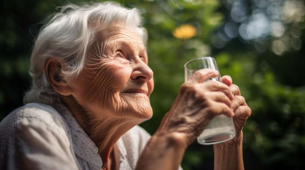 Elderly looking up while holding glass