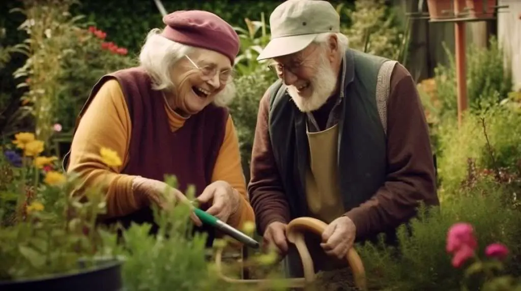 Elderly couple enjoying gardening activity