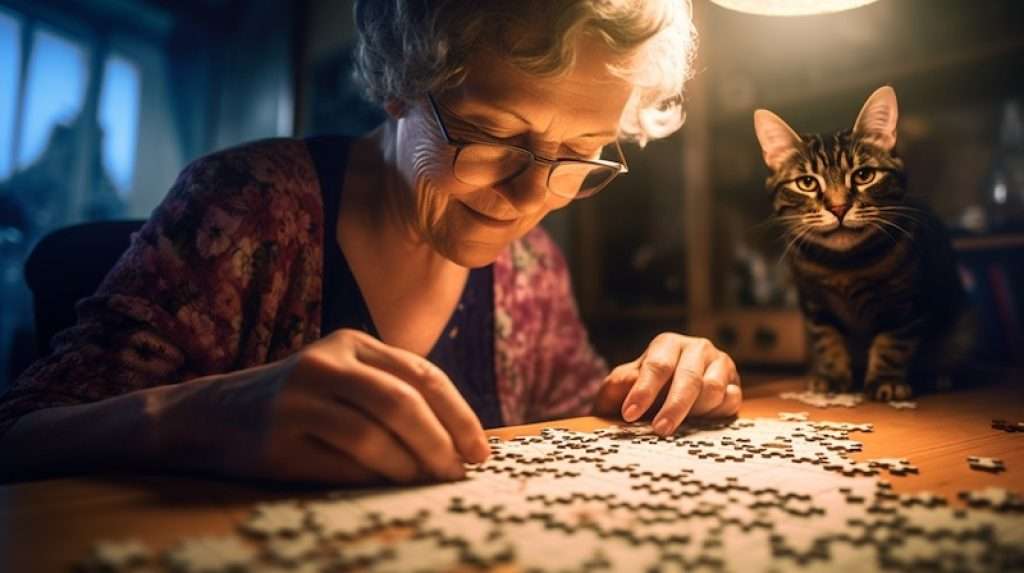 Woman with cat playing Jigsaw Puzzle
