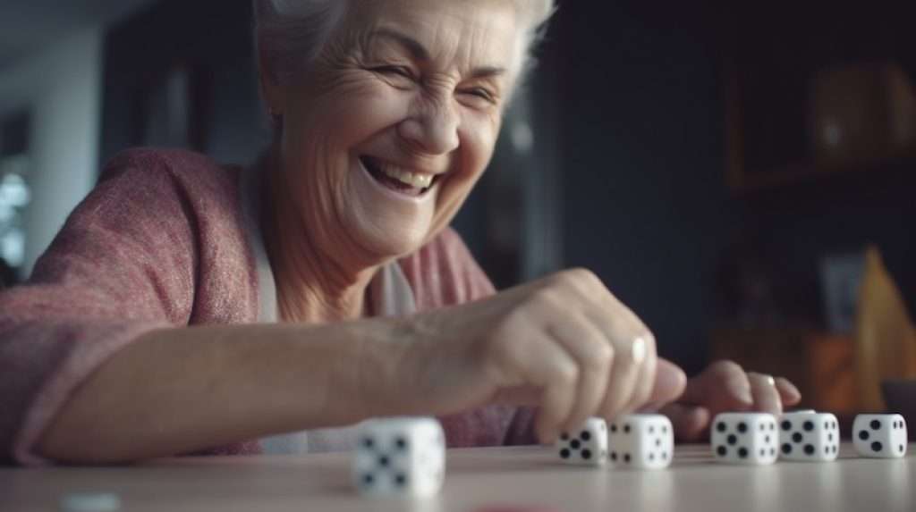 Elderly woman playing Yahtzee