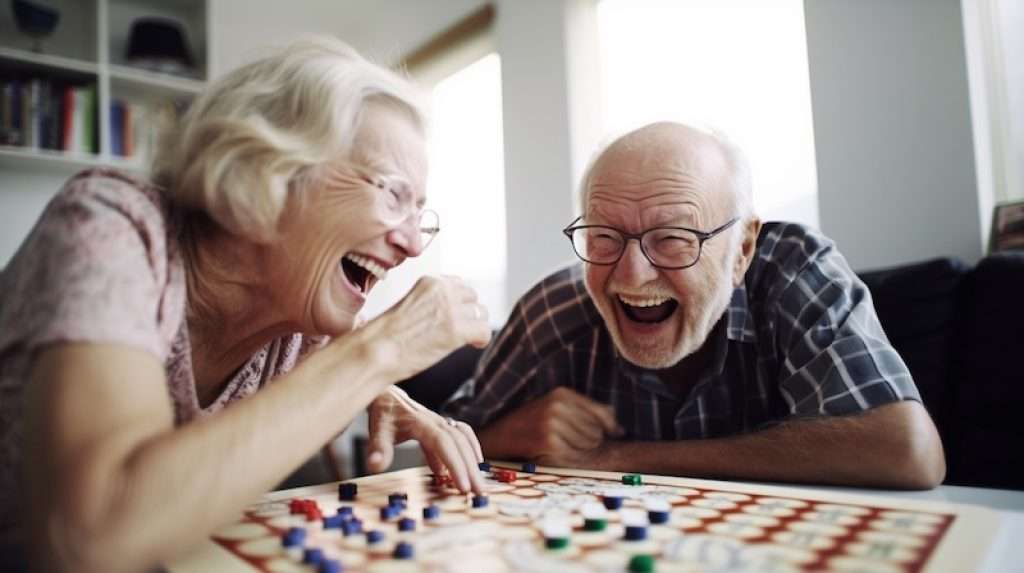 Elderly couple playing Snakes and Ladders