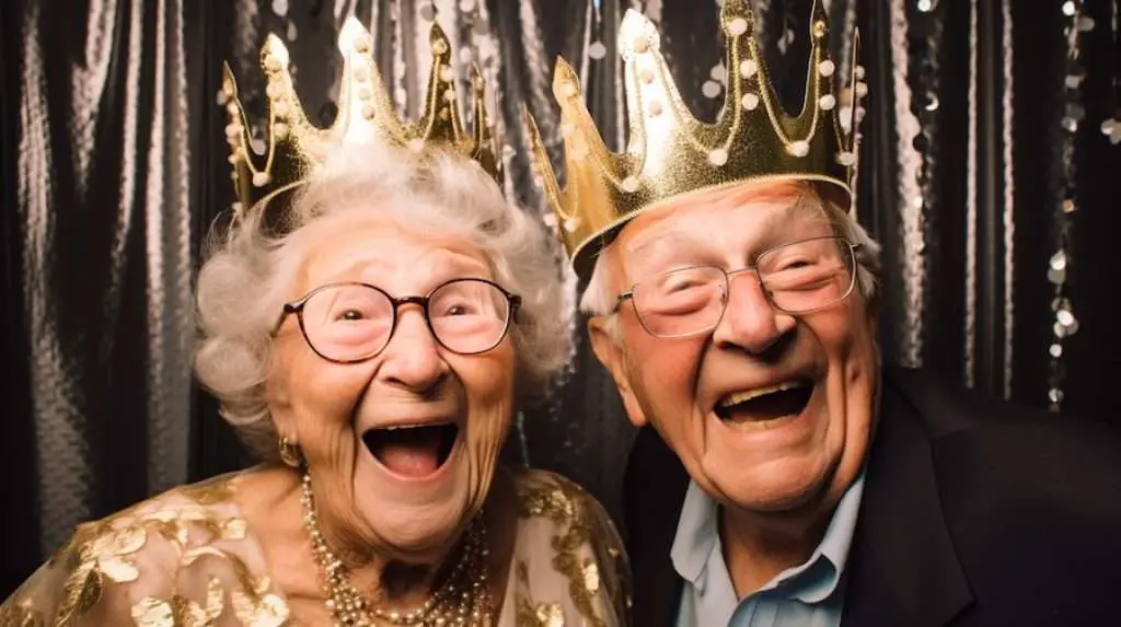  senior couple in coronation day in aged care photobooth