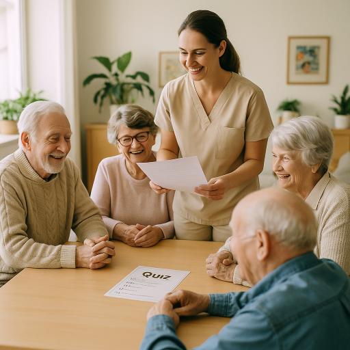 a group of seniors in an aged care setting with an activity coordinator reading a quiz aloud
