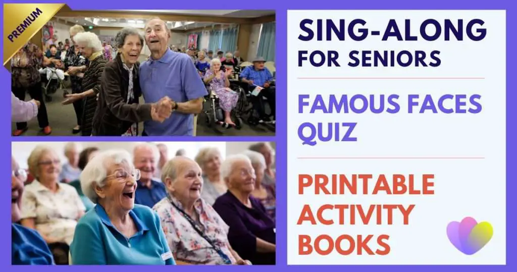Sing-along for seniors famous faces quiz printable activity books banner