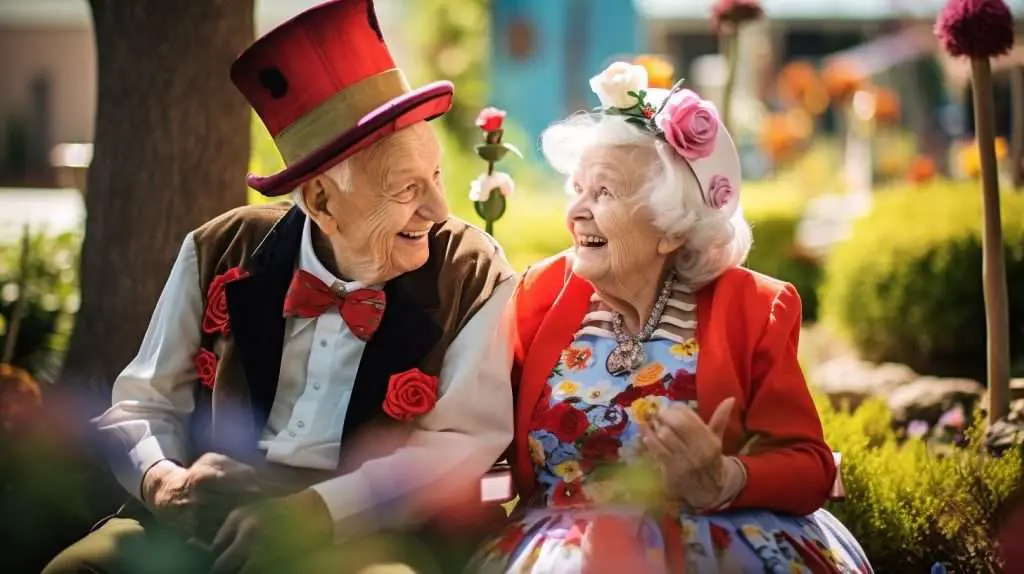 Two elderly people enjoying a mad hatter's party