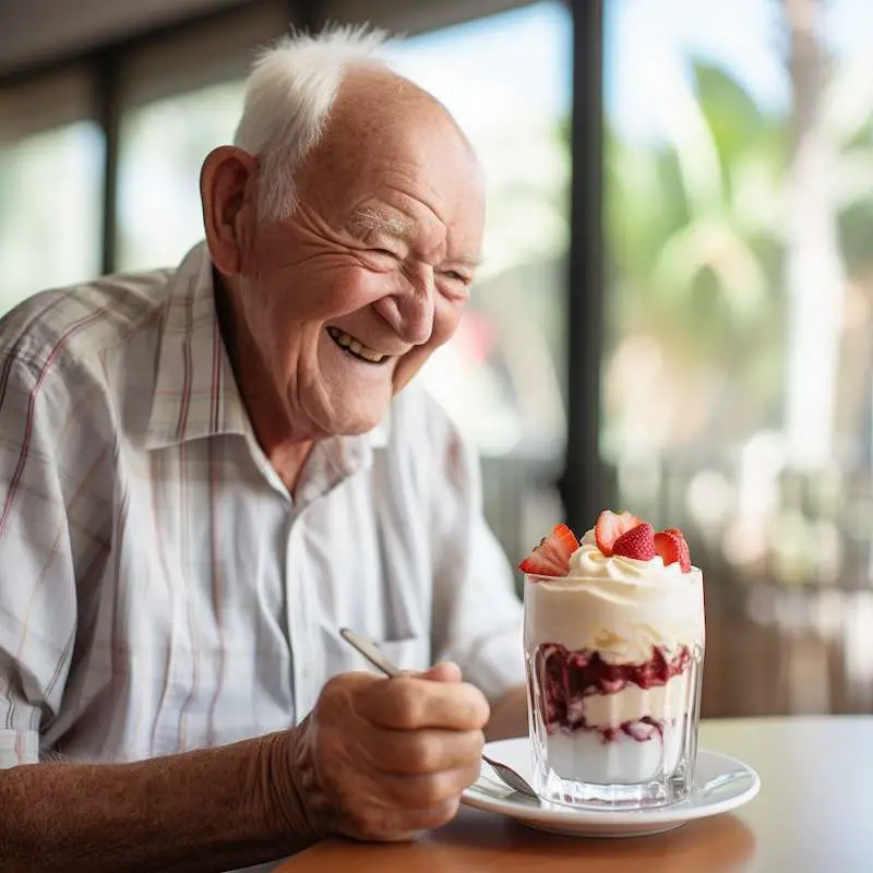 an elderly man eating strawberry dessert