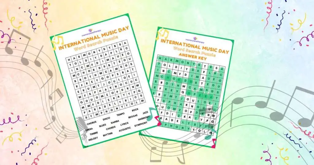 International Music Day Word Search Activity for Seniors Banner