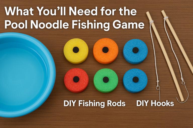 a list of items that you will need to play pool noodle fishing activity for seniors