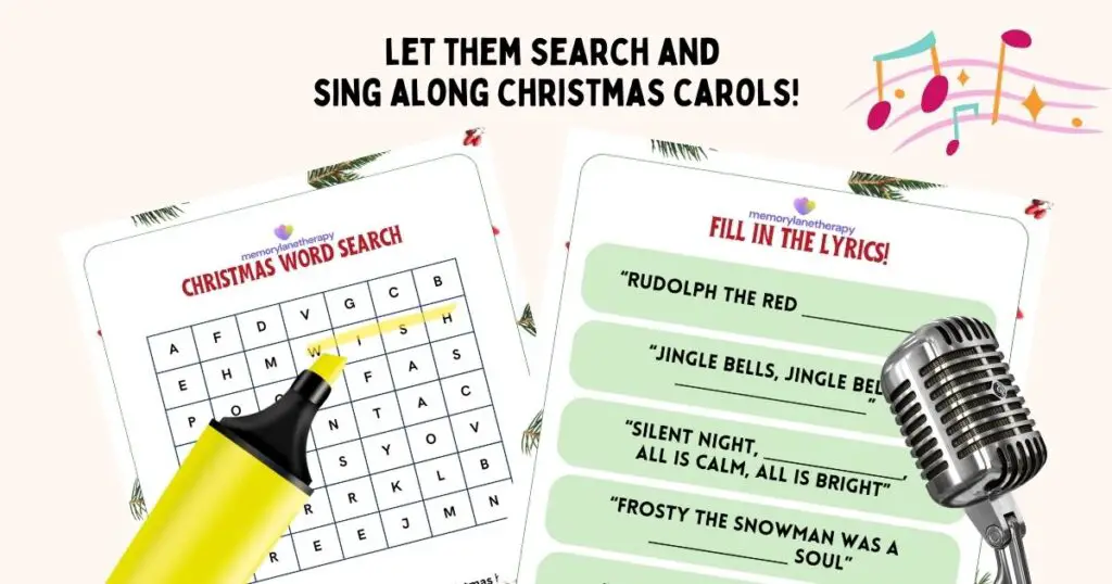 Christmas Season Memory Care Activity Book Christmas Word Search and Fill in the Lyrics Banner