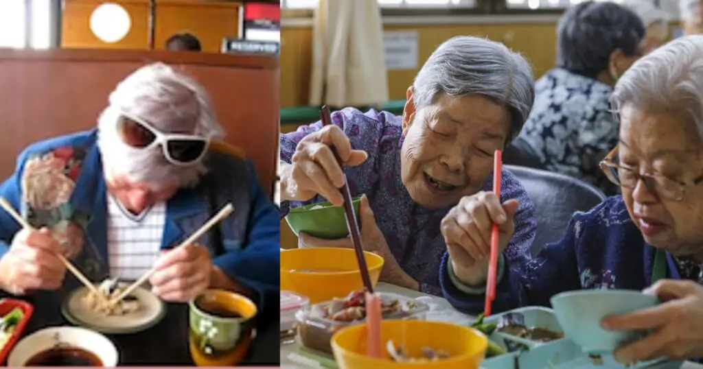Seniors eating authentic Chinese cuisine  while using chopsticks