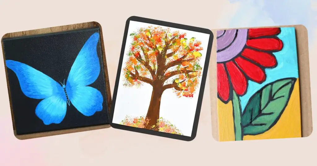 a butterfly, tree, and flower painting
