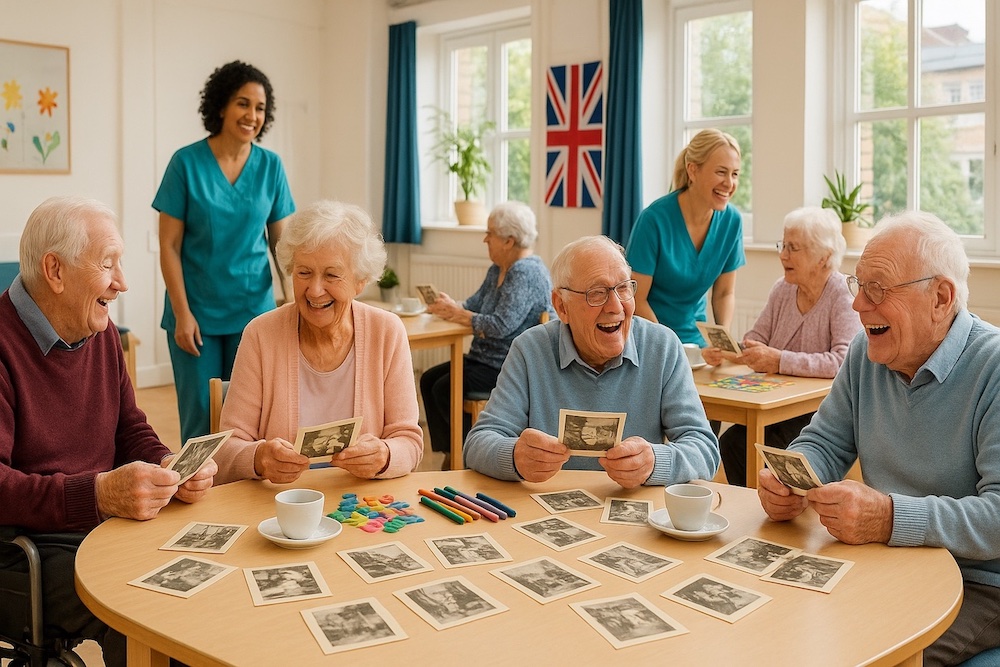 Bright and cheerful aged care activity room in the United Kingdom. Elderly residents are seated around tables in a spacious white hall, engaging in reminiscence activities with vintage photo cards. Natural light pours in through large windows, and a Union Jack flag is displayed on the wall. The atmosphere is warm, social, and welcoming.