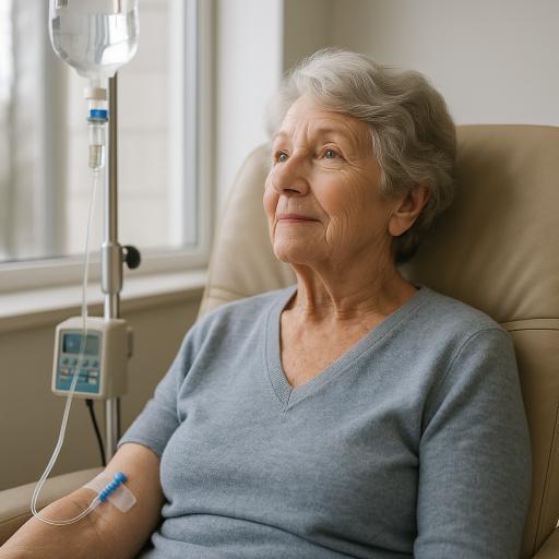 Photorealistic image of an elderly woman sitting calmly in a medical chair, receiving IV infusion treatment with soft daylight coming through a window