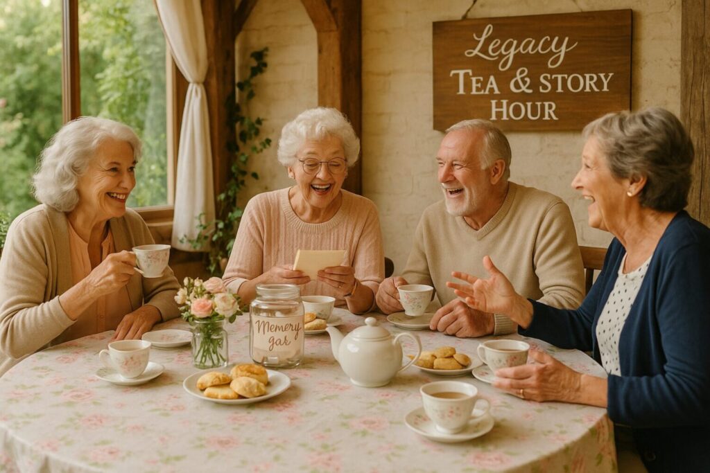 Seniors sharing stories over tea