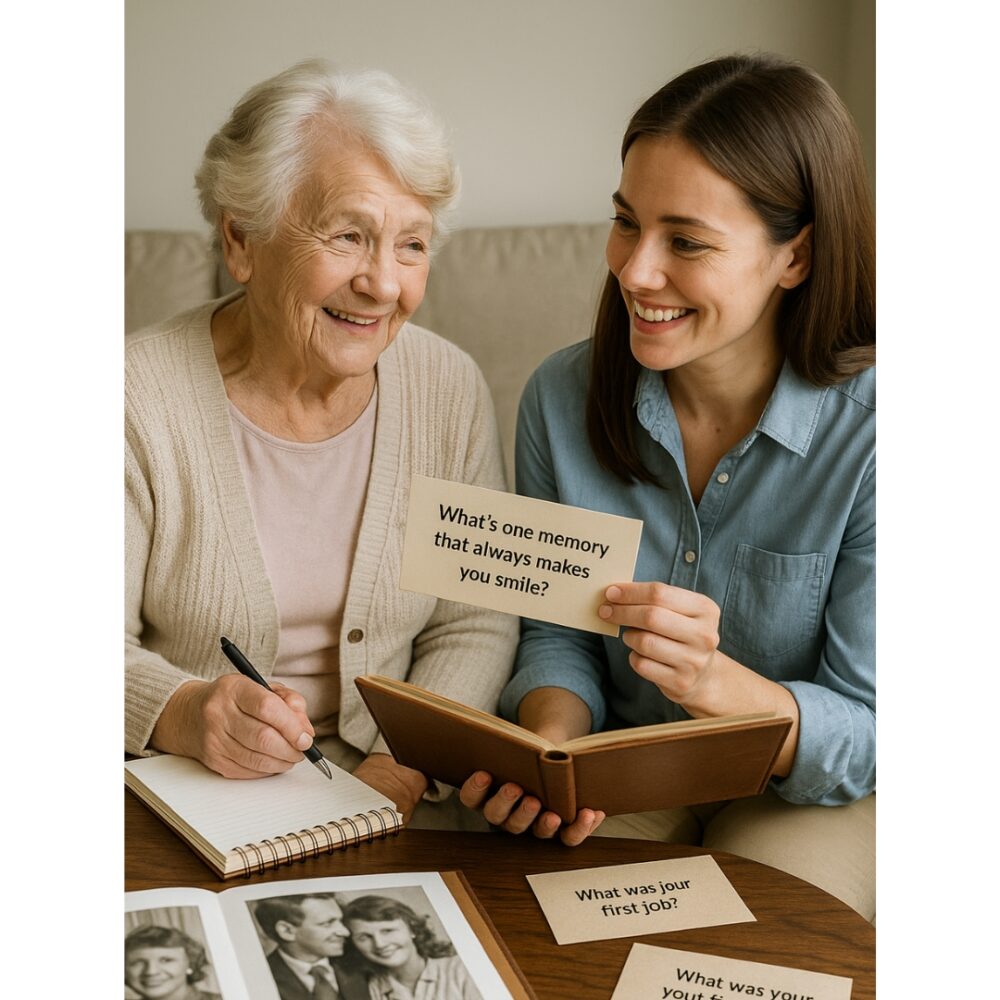 Senior and volunteer smiling over a photo album