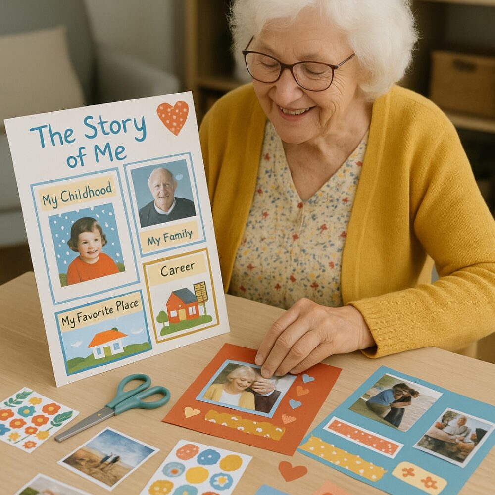 Senior woman presenting her “Story of Me” collage