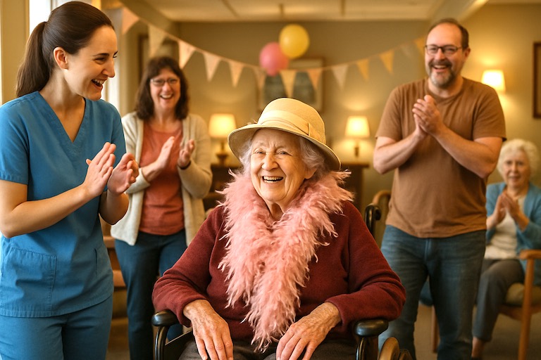 senior in wheelchair dressed up fashionably for a show
