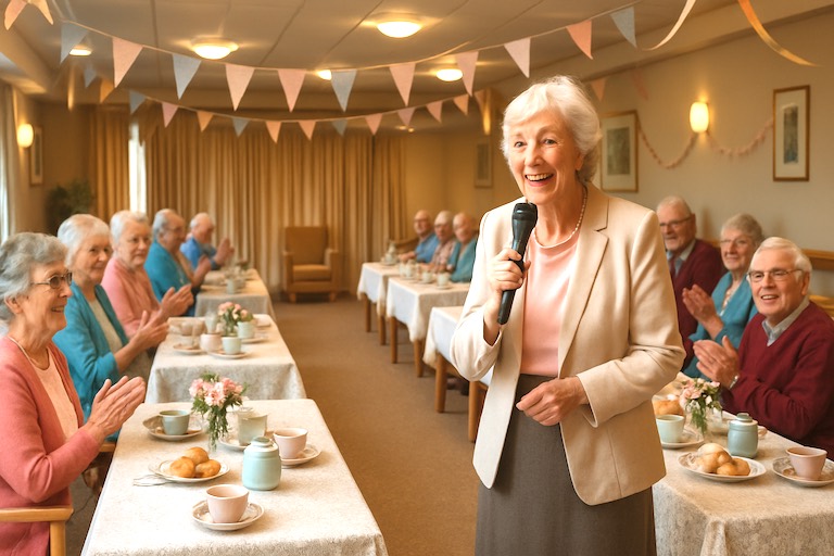 mc and tables set up in activity room aged care