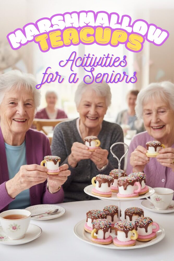 Colourful marshmallow teacup treats made by seniors during a tea party activity in aged care.