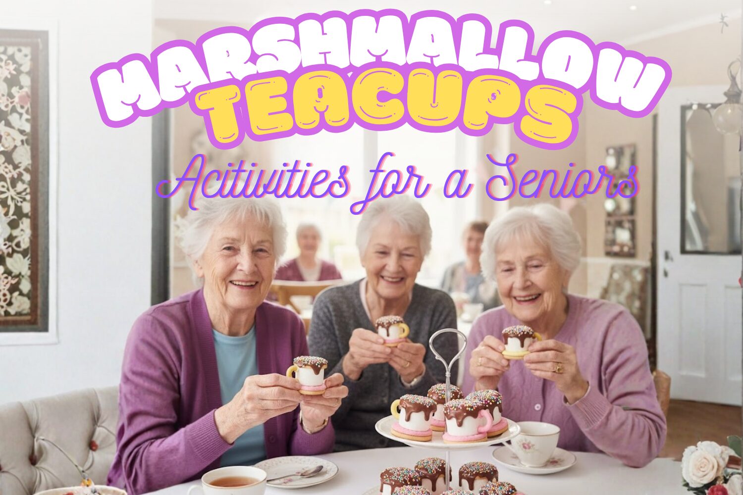 Colourful marshmallow teacup treats made by seniors during a tea party activity in aged care.