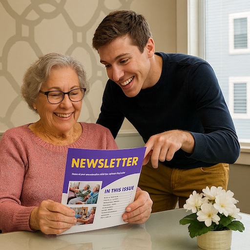 a smiling senior reading monthly aged care newsletter