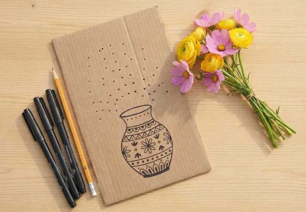 Flat lay of craft supplies — kraft cardboard, black markers, sharp pencil, and fresh yellow and pink flowers on a wooden table