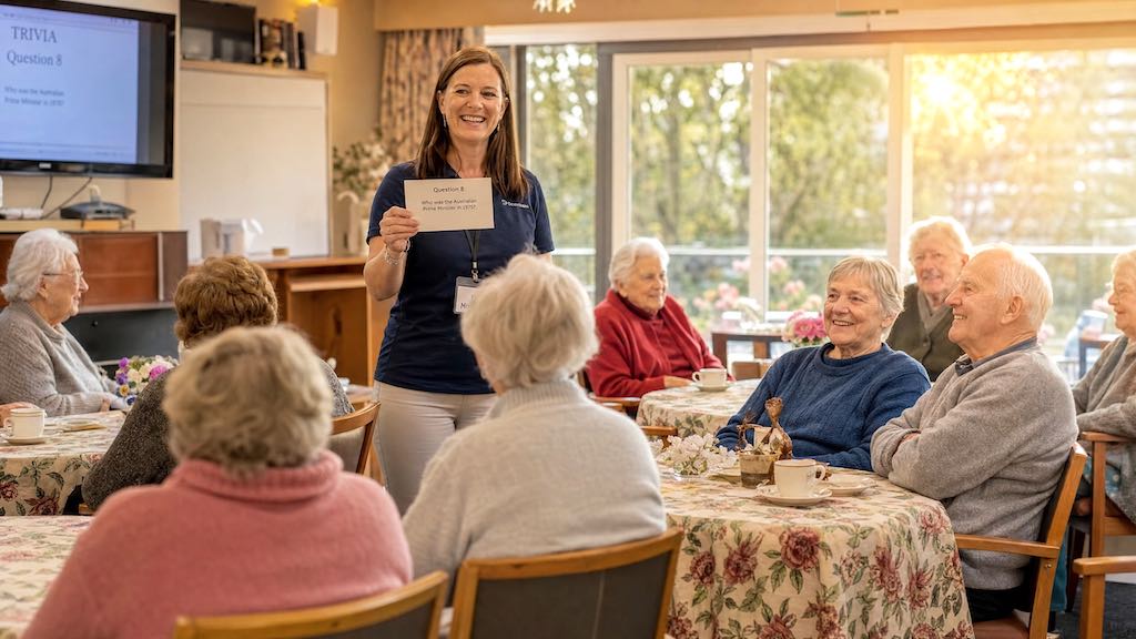 aged care worker presenting to a group of seniors