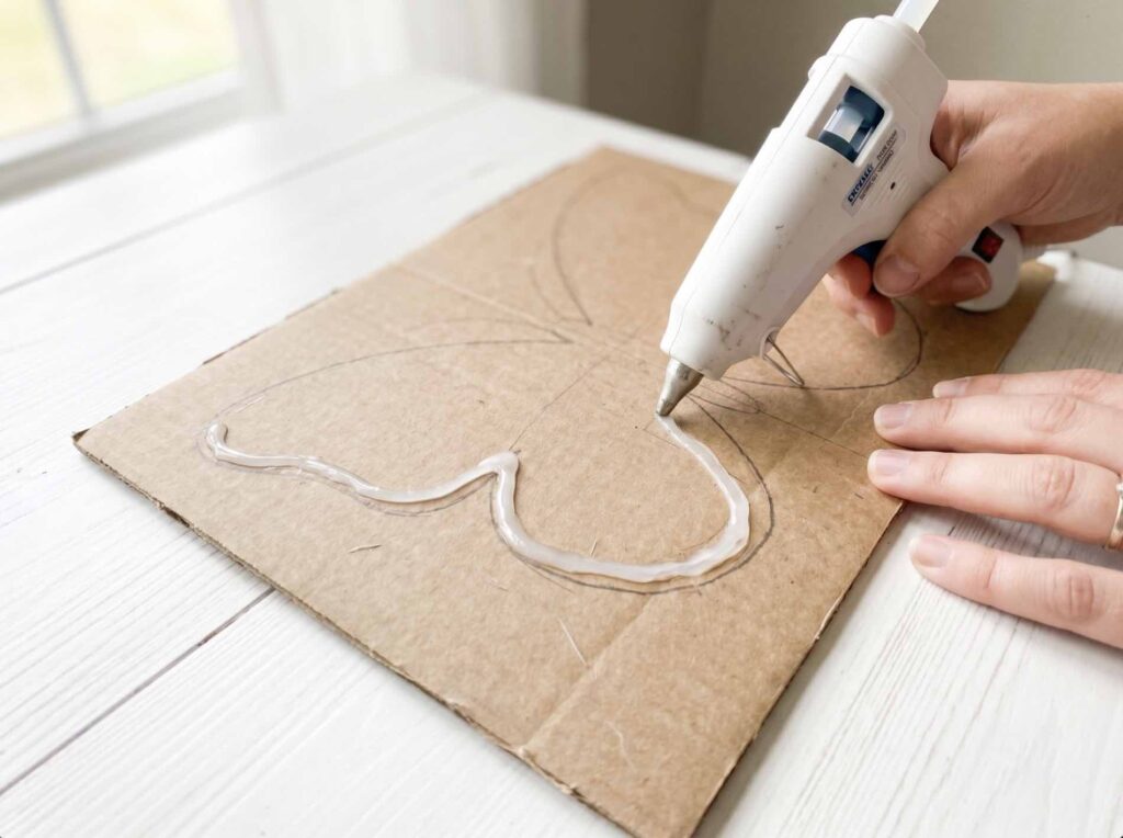 glue gun tracing around butterfly