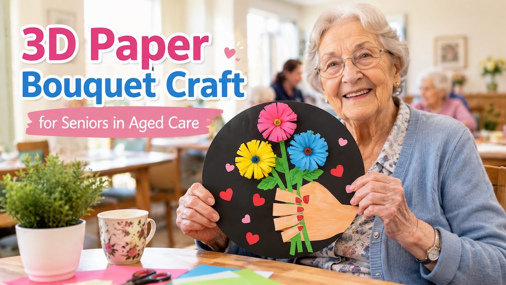 a senior in aged care holding a completed flower craft