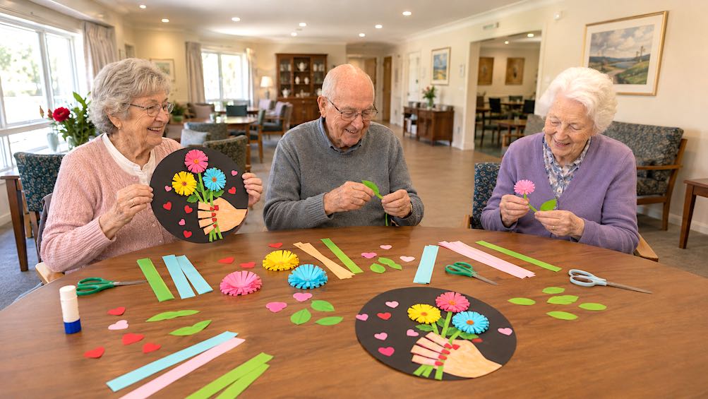 a group of seniors engaging in a flower craft activity in an aged care setting