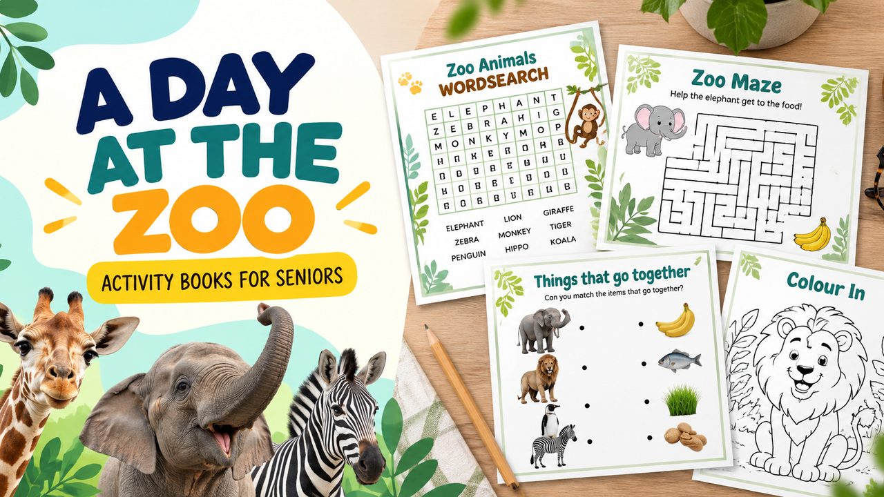 A Day at the Zoo Activity Book for seniors featuring giraffe elephant and zebra