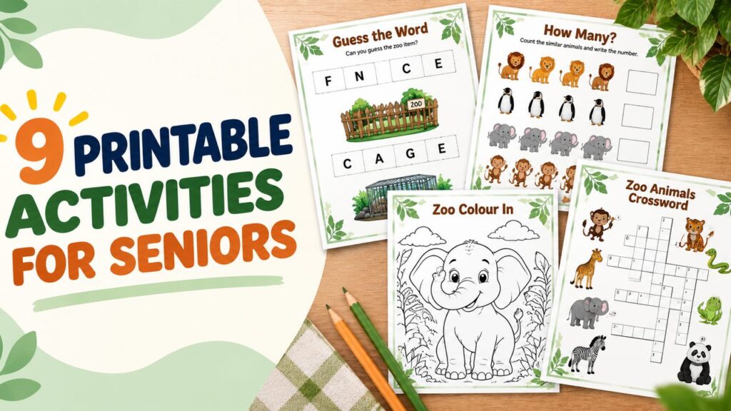 Nine printable zoo activities for seniors including crossword maze counting and colouring