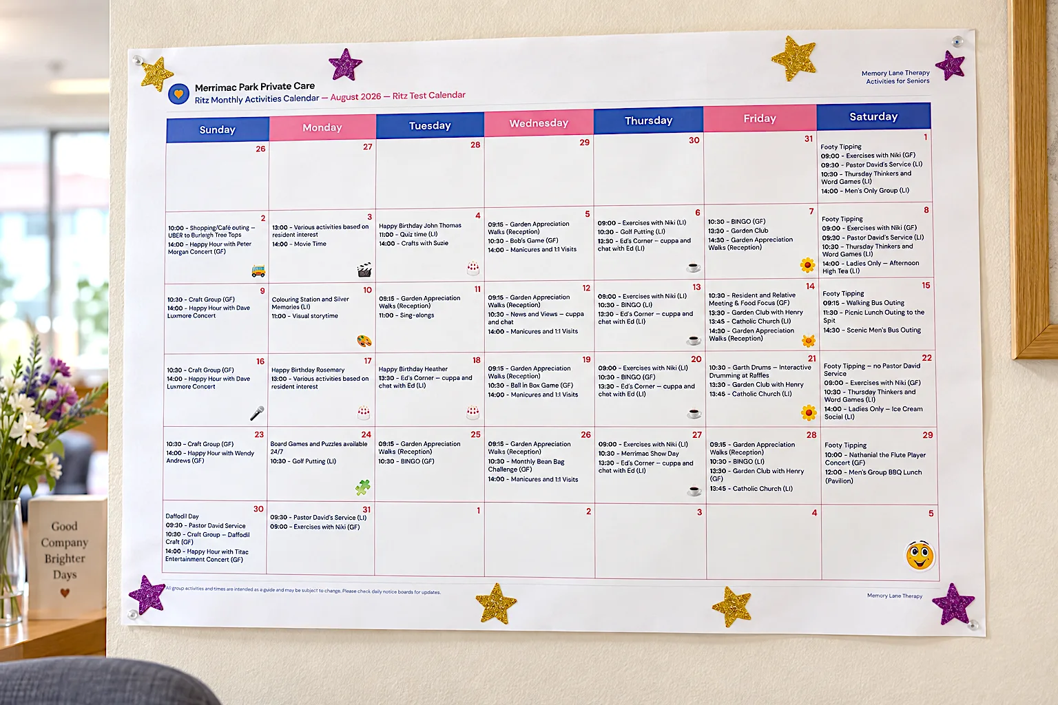 Printed monthly activities calendar on an aged-care wall